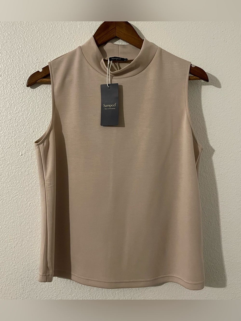 Sampeel Blouse Womens Medium Tan Beige Sleeveless Top High Neck NWT